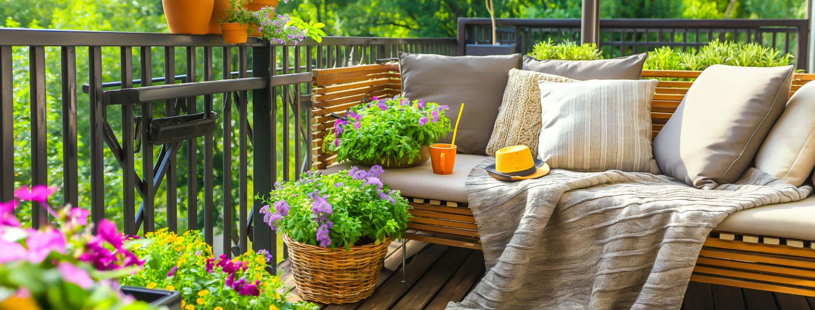Back deck with couch and nice flowers